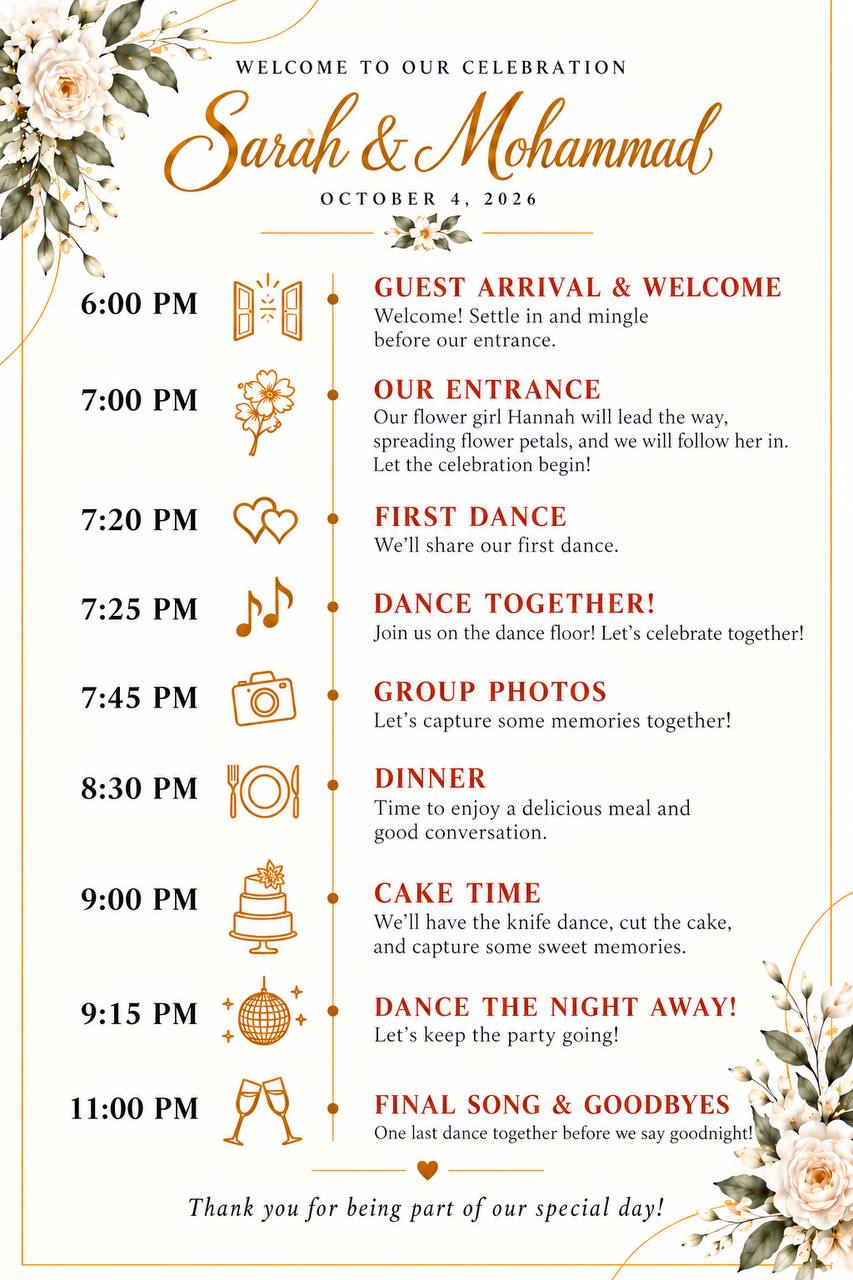 October 4 celebration program: guest arrival at 6:00 PM, our entrance at 7:00 PM, first dance at 7:20 PM, dancing together at 7:25 PM, group photos at 7:45 PM, dinner at 8:30 PM, cake at 9:00 PM, more dancing at 9:15 PM, and final song and goodbyes at 11:00 PM.